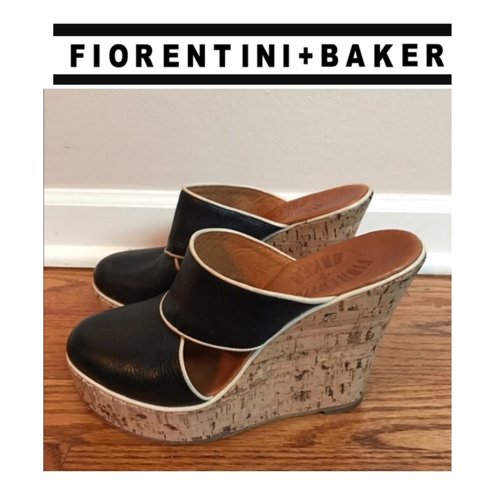 Fiorentini + Baker Black Leather Cork Wedge Mules with White Trim